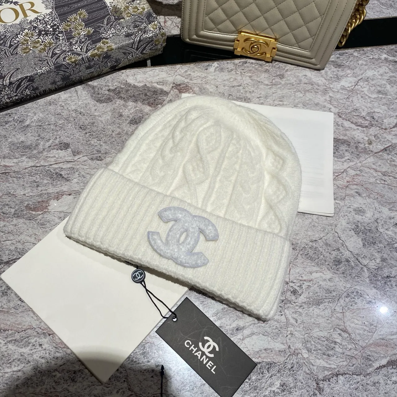 Chanel Cable-Knit Beanie in Black / White / Cream / Tan / Grey · view 5