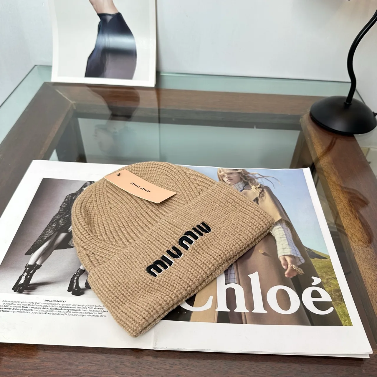 Miu Miu Ribbed Embroidered Beanie in Beige · view 4