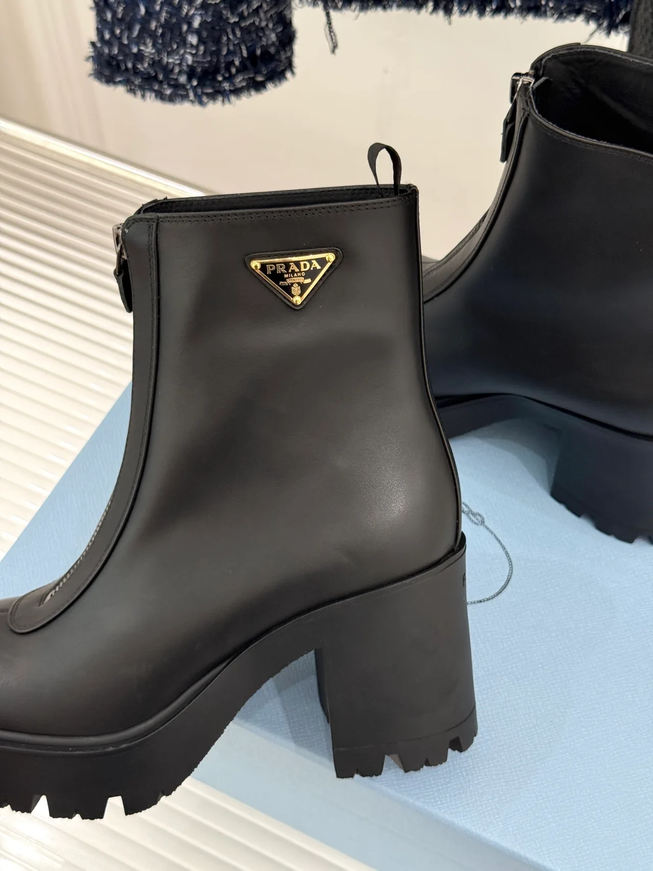 Prada Denim Glossy Front-zip ankle boots in Black · view 6