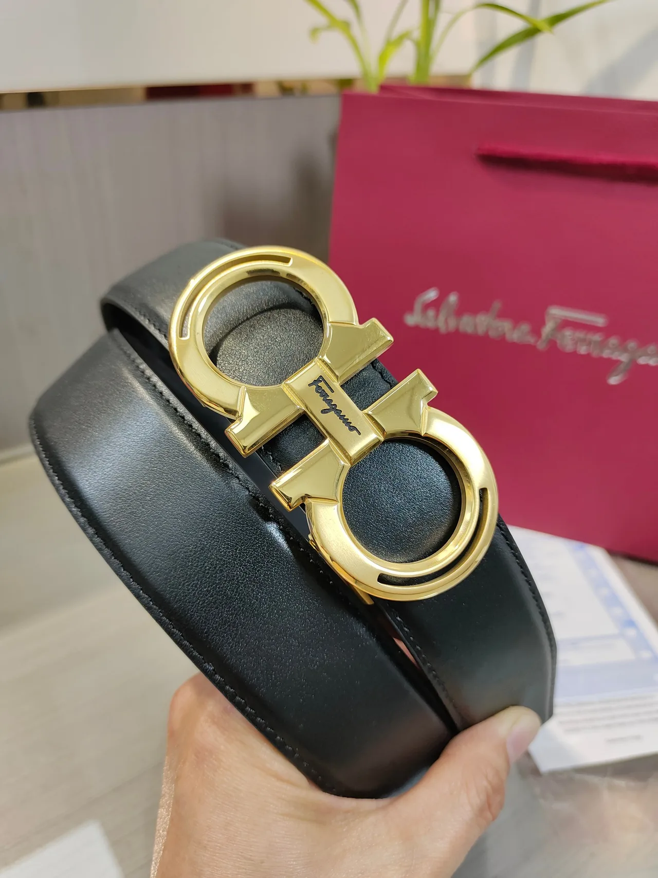 Ferragamo Calfskin Glossy Belt in Black · view 7