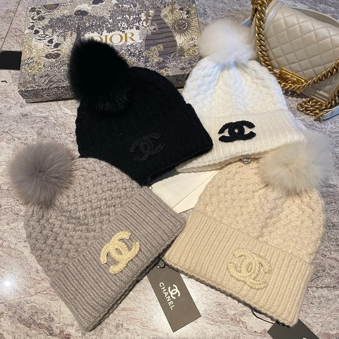 Chanel Pom Beanie in Black & White & Beige & Grey · view 4