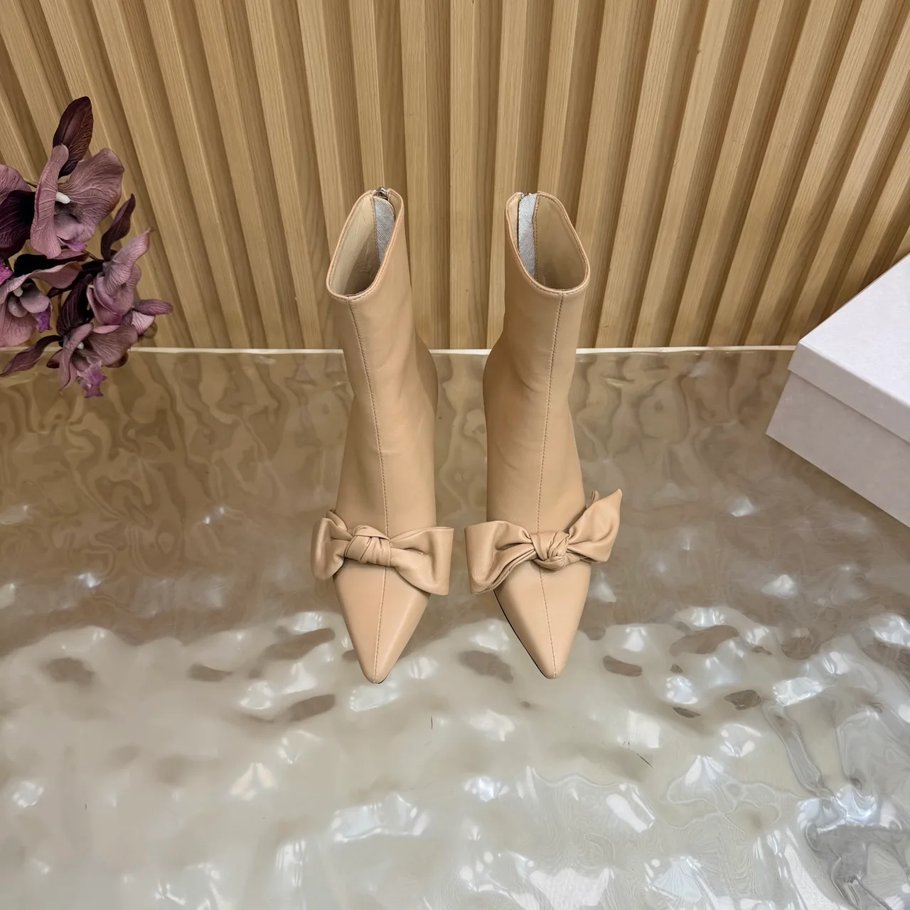 Jimmy Choo Cowhide Glossy Pointed-Toe Bow Ankle Boots in Beige · view 4