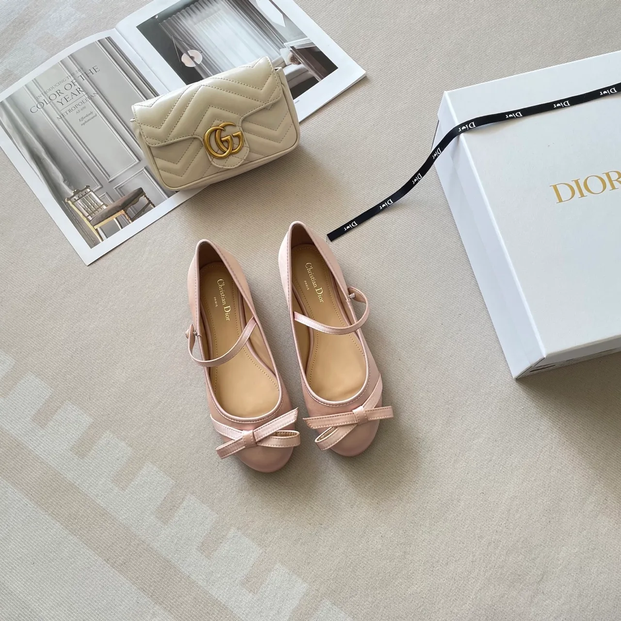 Dior Leather Quilted Bow Mary Jane Flats in Pink · view 1