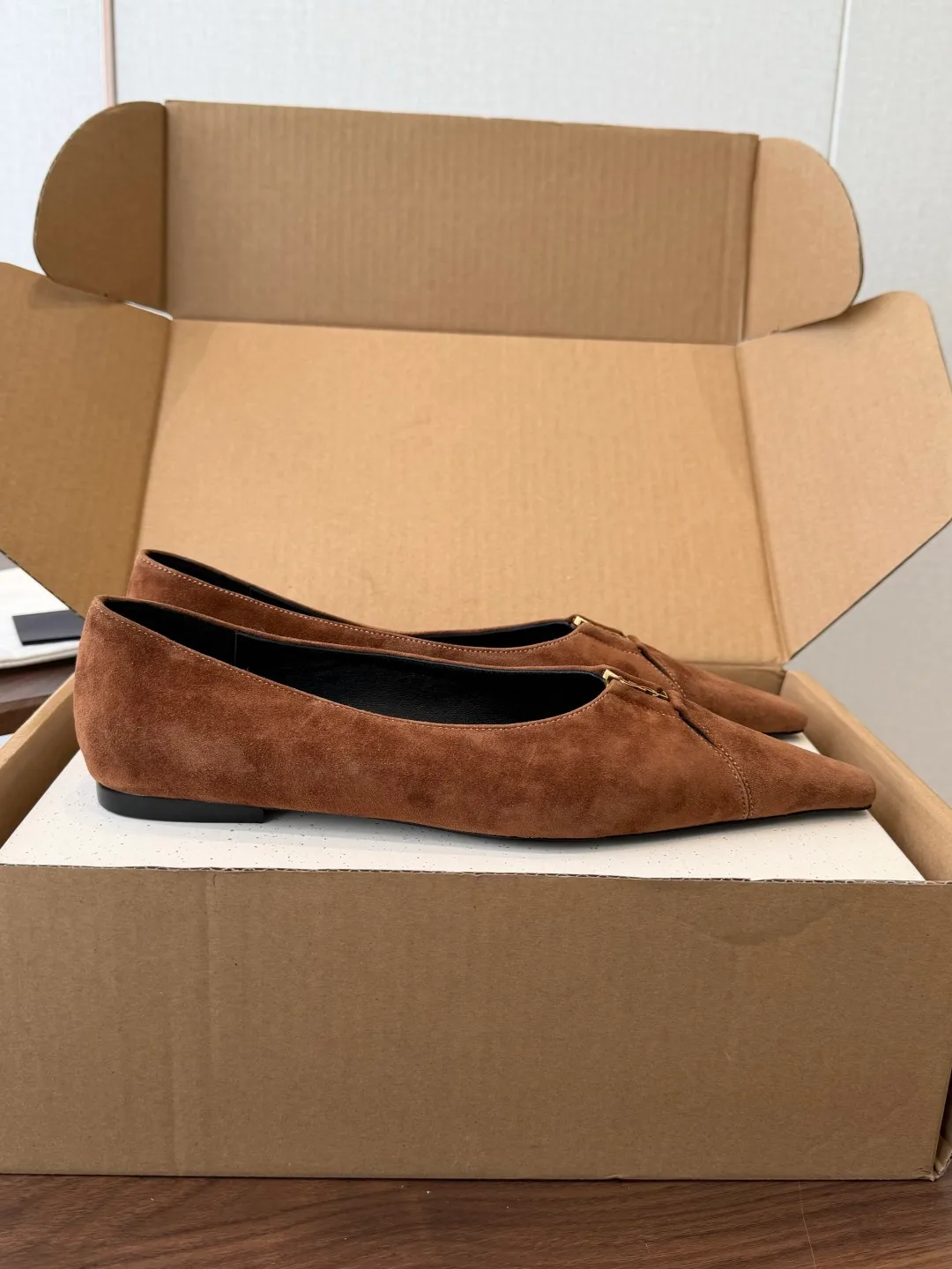 Saint Laurent Sheepskin Suede-Look Pointed-Toe Flats in Brown · view 2