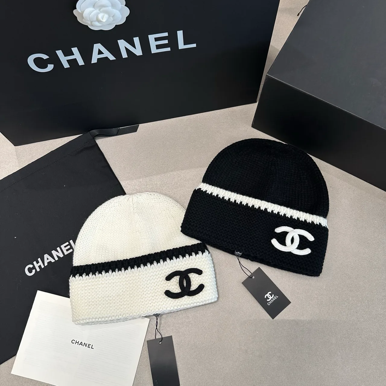 Chanel Contrast-Stripe CC Beanie in White / Black · view 8