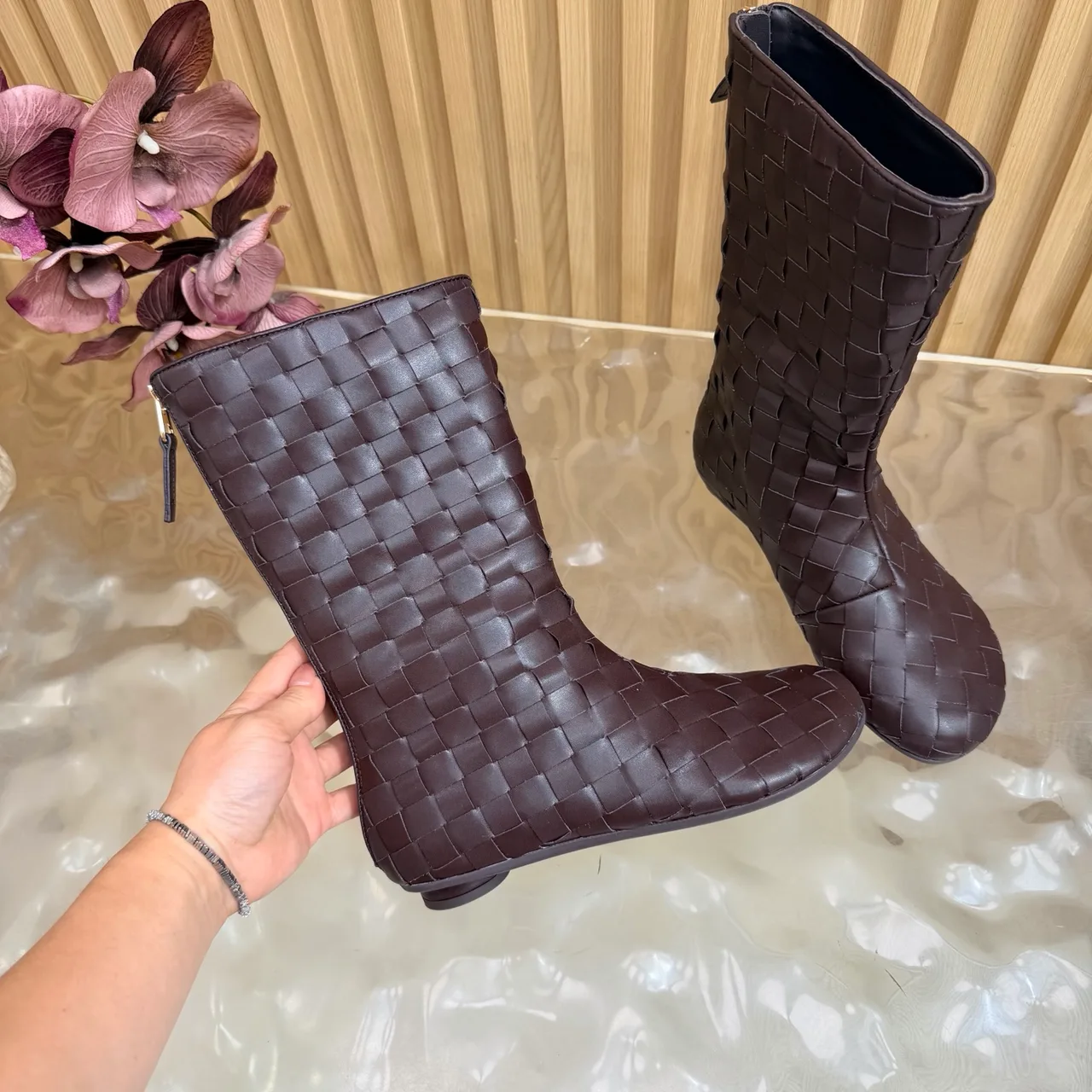 Bottega Veneta Smooth Woven Mid-Calf Boots in Brown · view 8