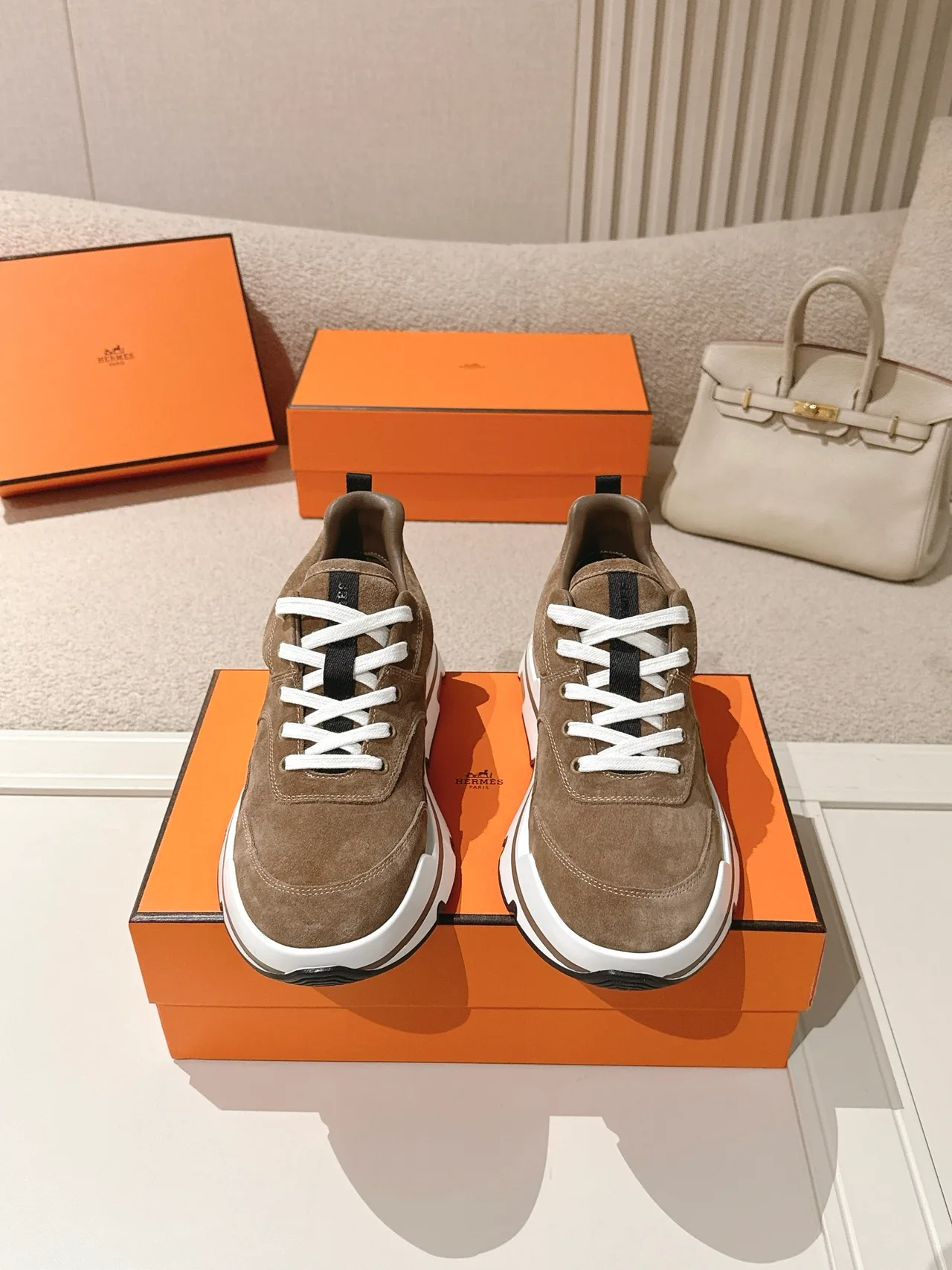 Hermes Calfskin Suede-Look Sneakers in Brown · view 1