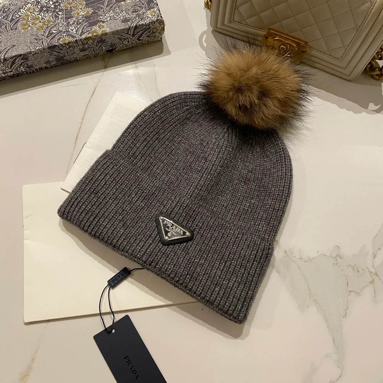 Prada Pom Knit Beanie in Red & Blue & Orange & Yellow & Pink & Brown & Grey & Black & White & Beige · view 5
