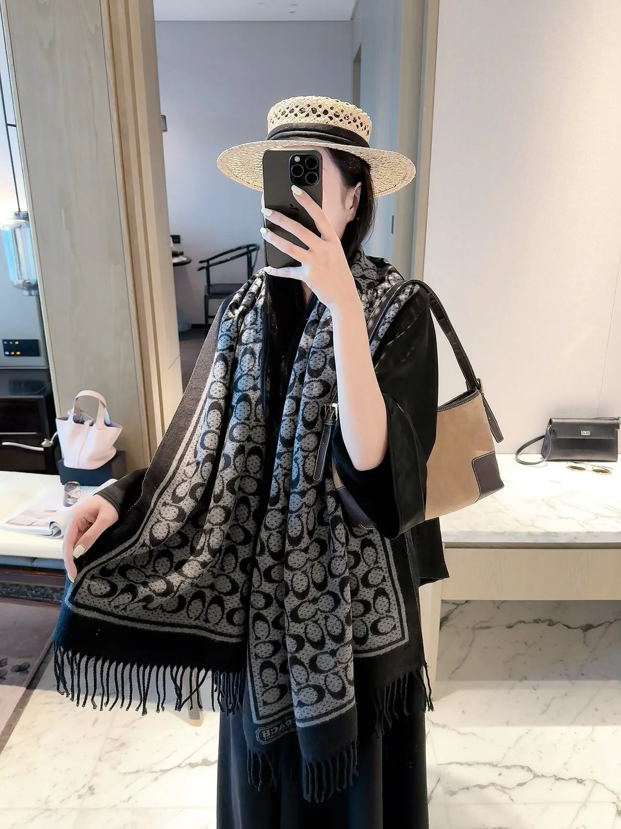 Coach C monogram fringed scarf in Pink & Black · view 5