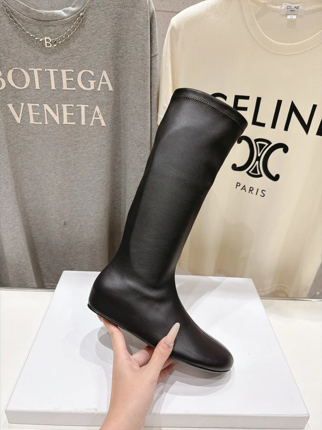 Silk Glossy Round-Toe Minimal Knee-High Boots in Black · view 5