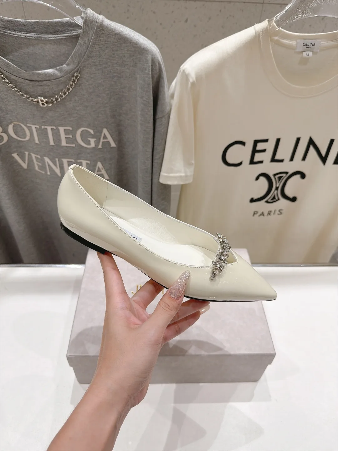 Jimmy Choo Cowhide Glossy Pointed-Toe Flats in White · view 5