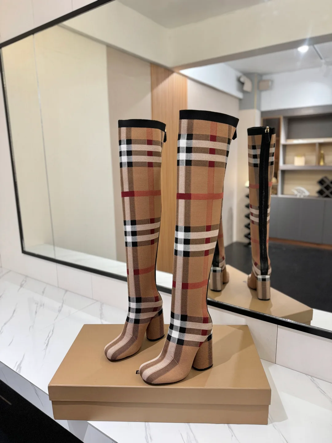 Burberry Check Knee-High Boots in Beige · view 2