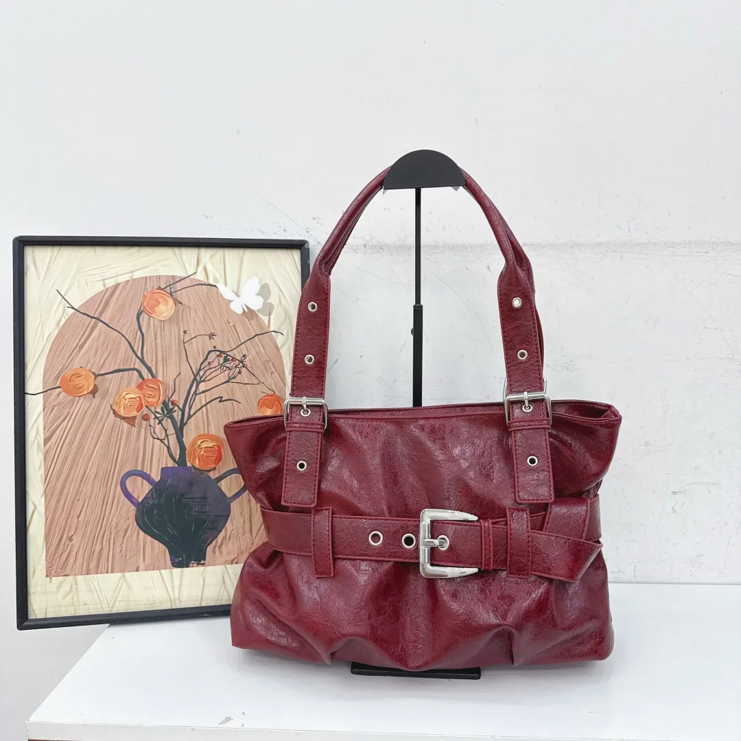 Buckle-Strap Shoulder Tote in Red & Black & Brown & White · view 1