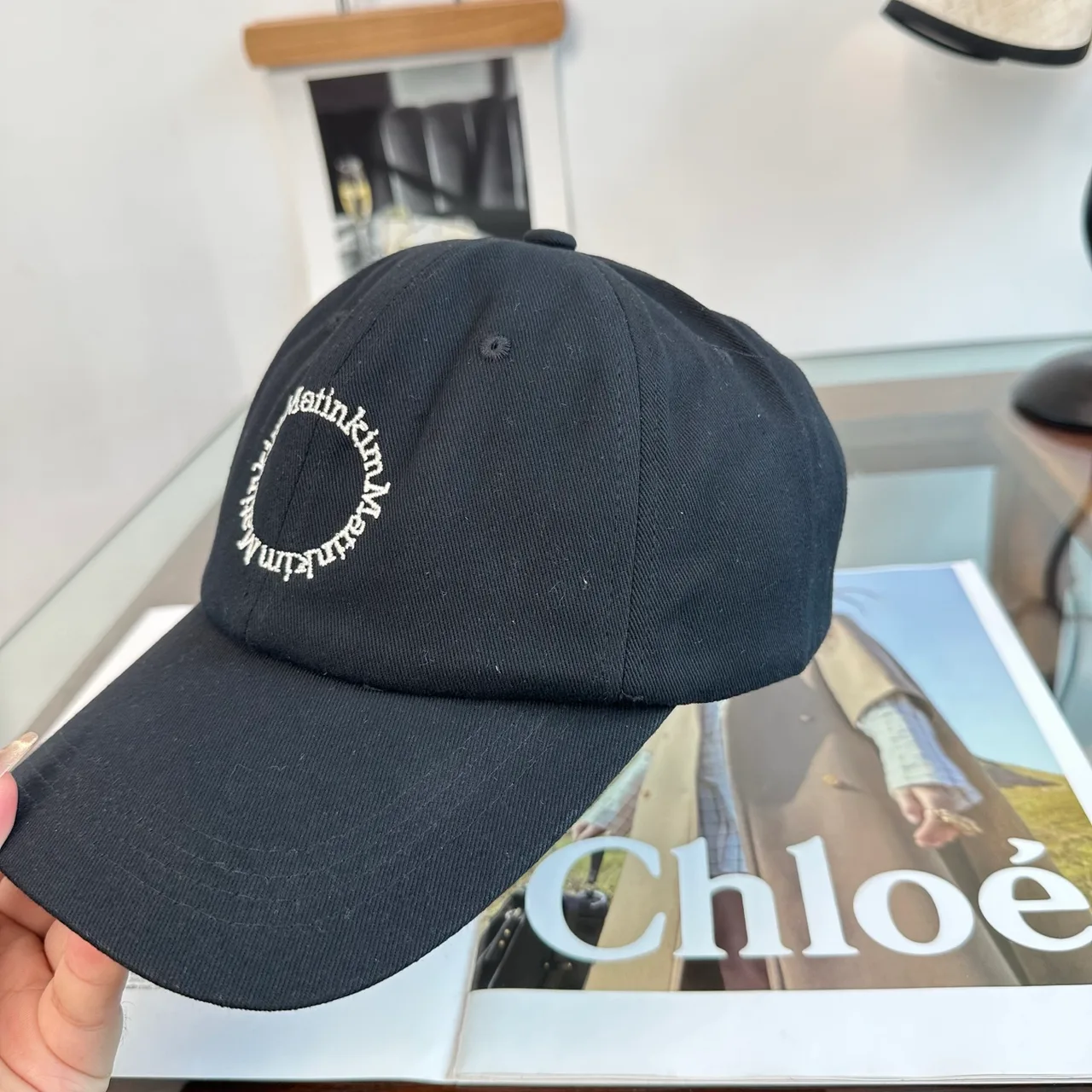 Matin Kim Embroidered Baseball Cap in Black & White & Blue · view 8