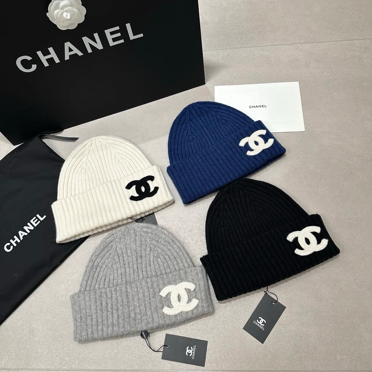 Chanel Knit Beanie in Cream & Black & Blue & Grey · view 6