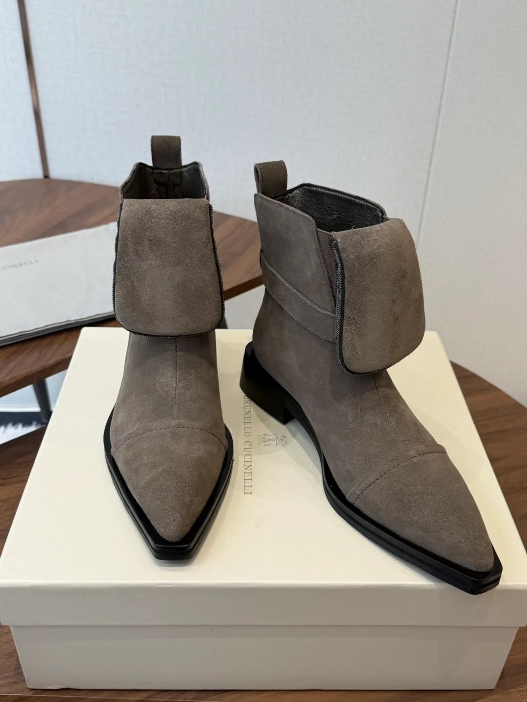Brunello Cucinelli Glossy Suede-Look Pointed-Toe Ankle Boots in Grey · view 1