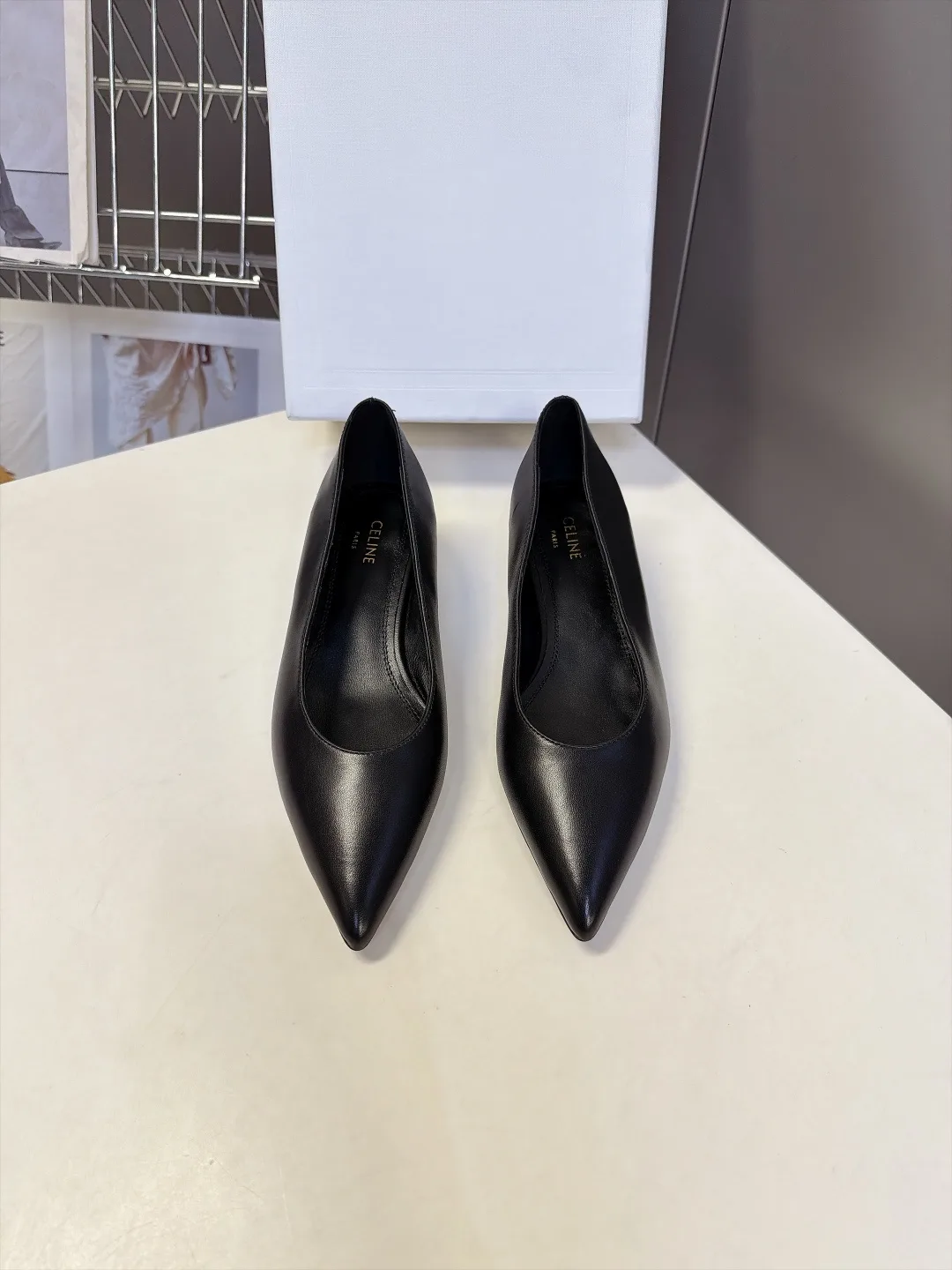 Celine Lambskin Glossy Pointed-Toe Kitten Heel Pumps in Black · view 1