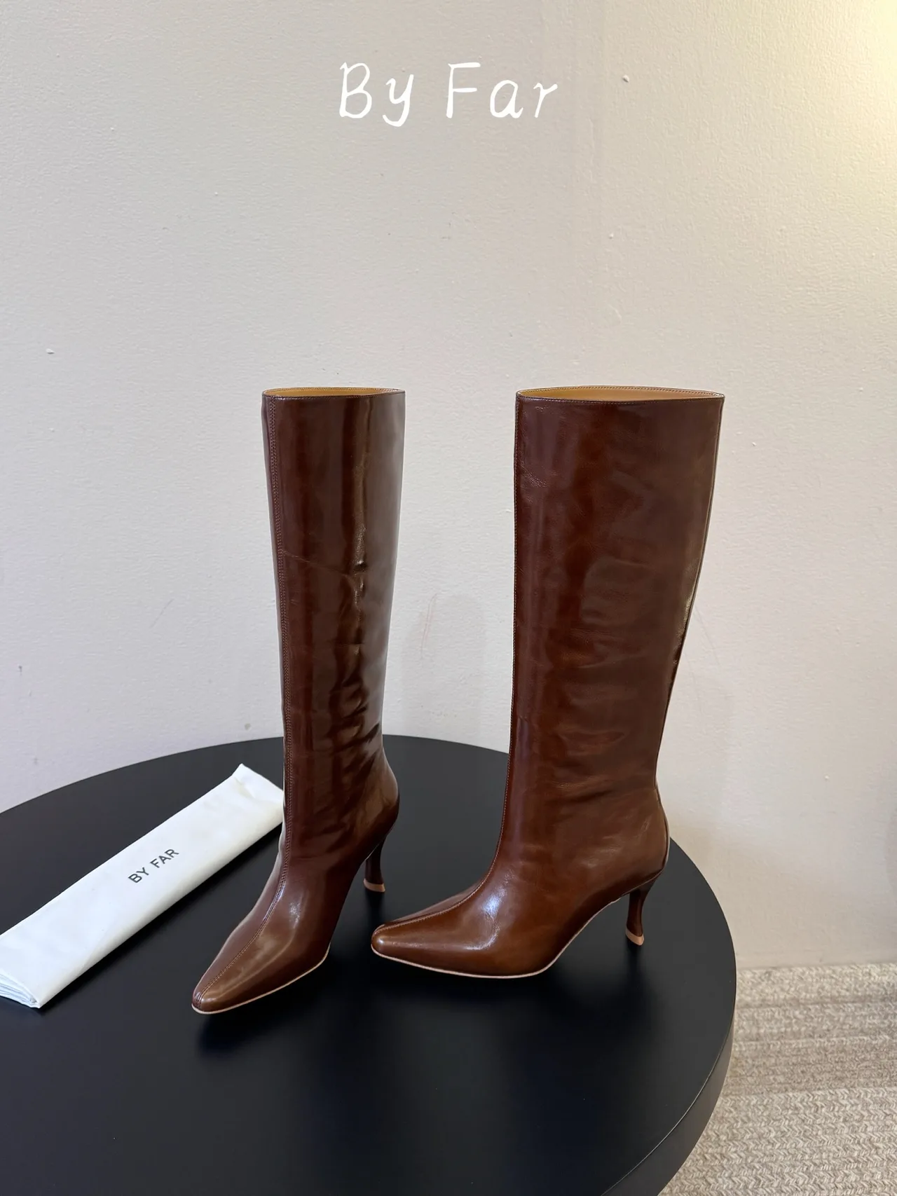 By Far Glossy Pointed-Toe Knee-High Boots in Brown · view 3