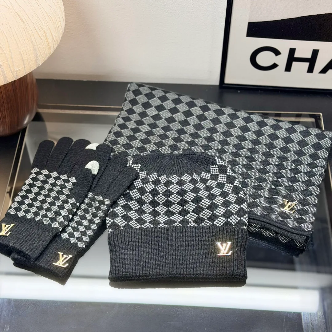 Louis Vuitton Wool Check Hat Scarf and Gloves Set in Grey · view 1