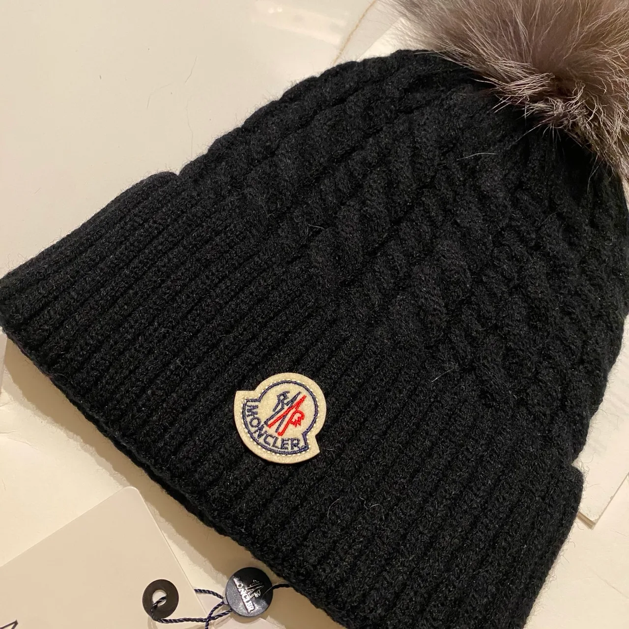 Moncler Cable Pom Beanie in Black & White & Grey & Brown & Burgundy & Beige · view 7