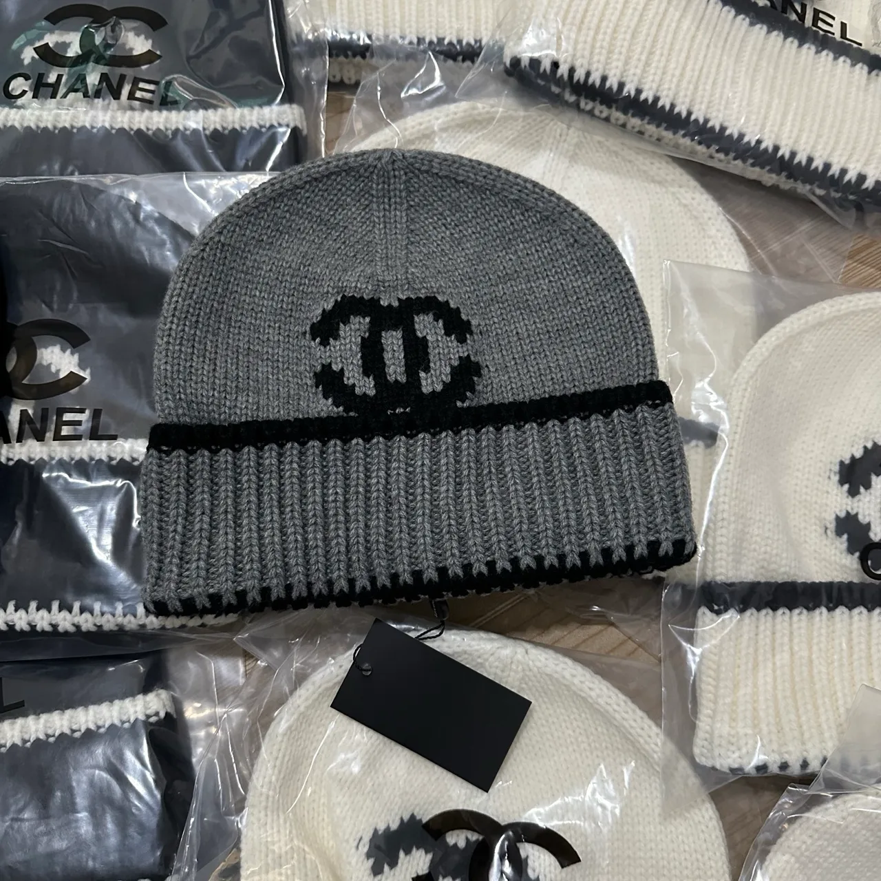 Chanel CC Stripe Beanie in White & Black & Grey · view 3