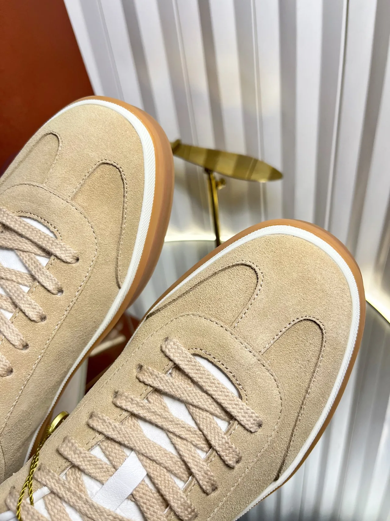 Loro Piana Cashmere Lace-Up Sneakers in Beige · view 7