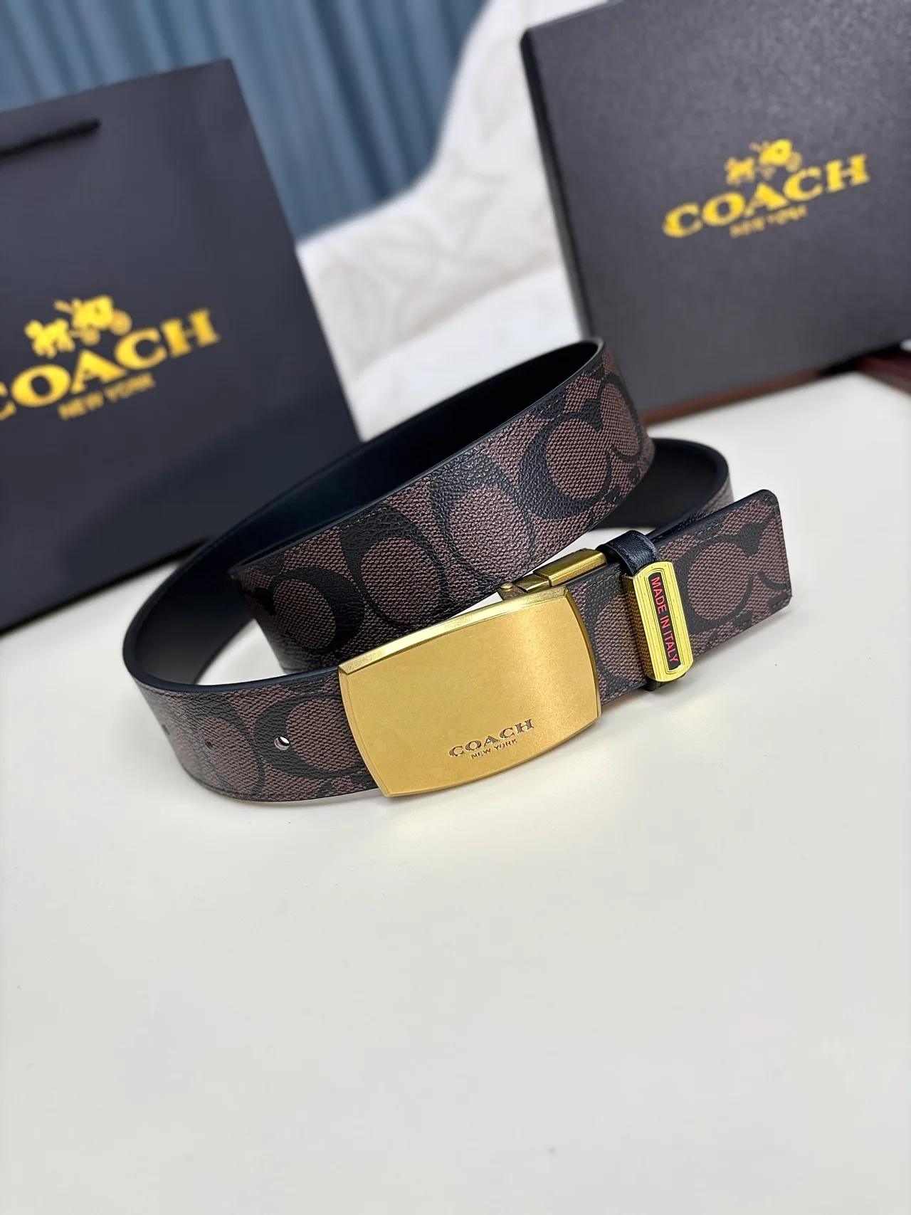 Coach Logo-pattern plate buckle belt in Black & Brown · view 4