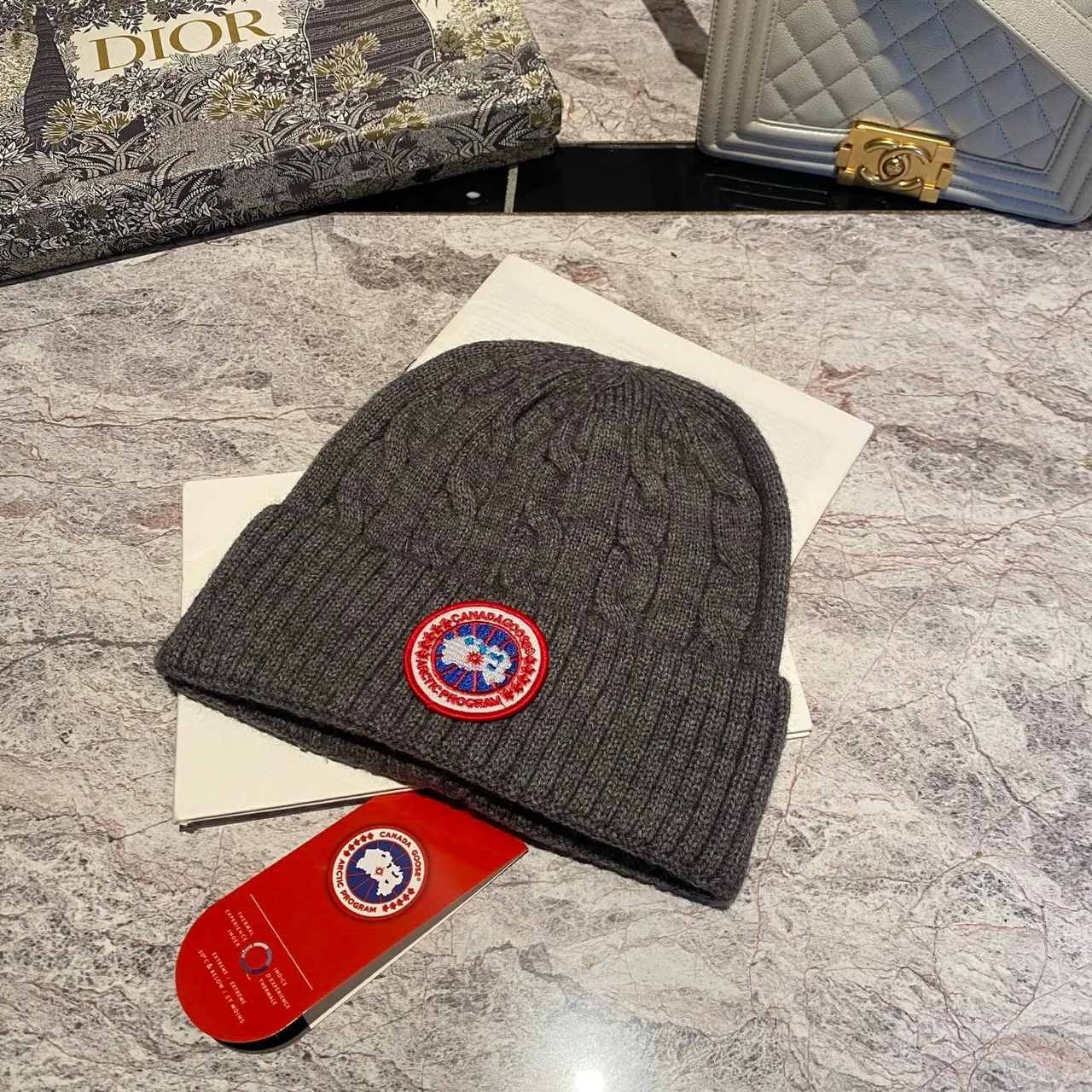 Canada Goose Cable knit beanie in Black & White & Grey & Brown & Blue & Burgundy & Cream & Pink · view 3