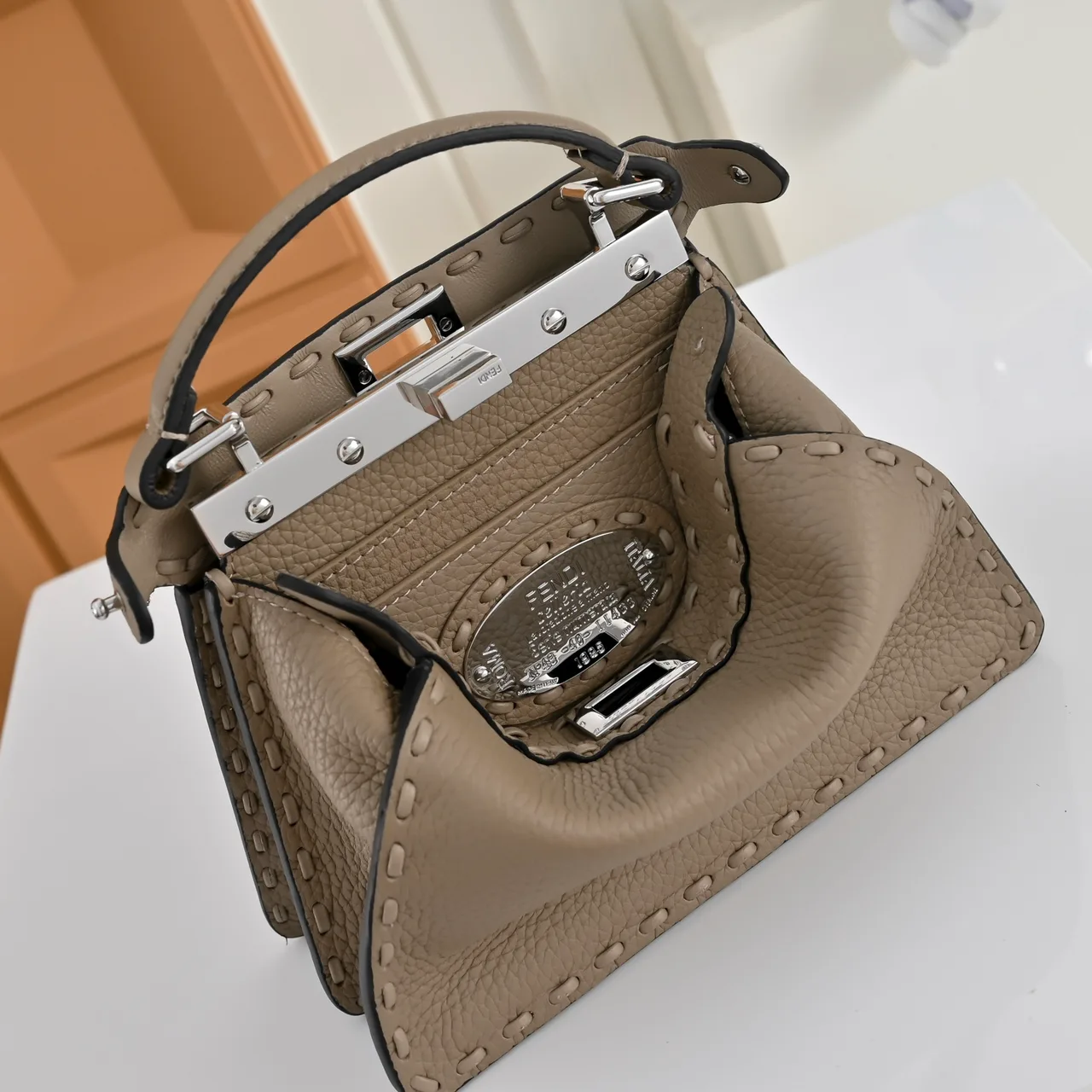 Fendi Calfskin Smooth Top-Handle Bag in Grey · view 3