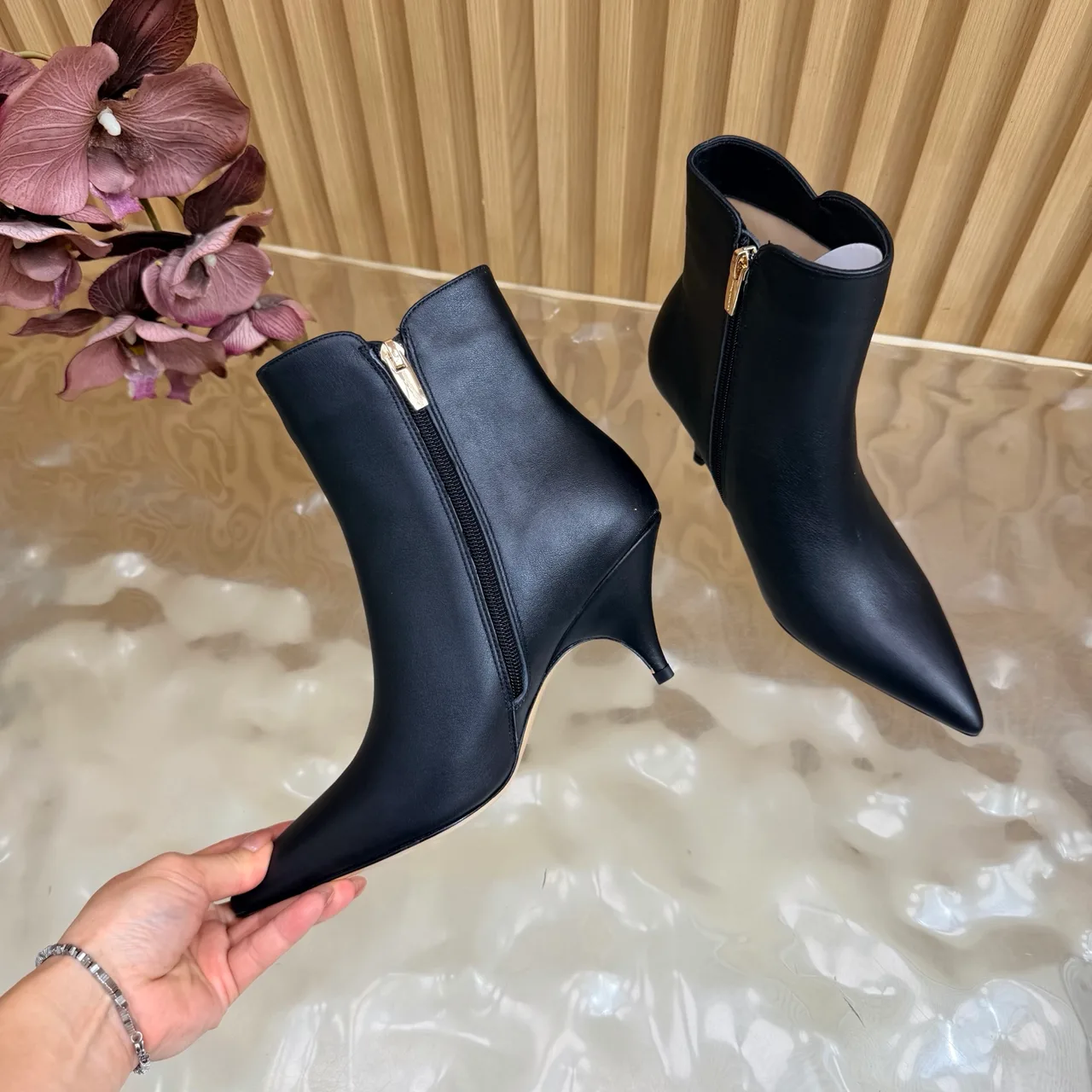Gianvito Rossi Glossy Pointed-Toe Ankle Boots in Black · view 6