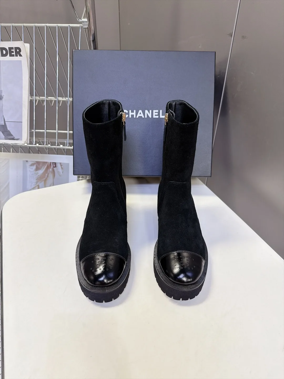 Chanel Cowhide Patent Leather Suede-Look Pointed-Toe Ankle Boots in Black · view 1