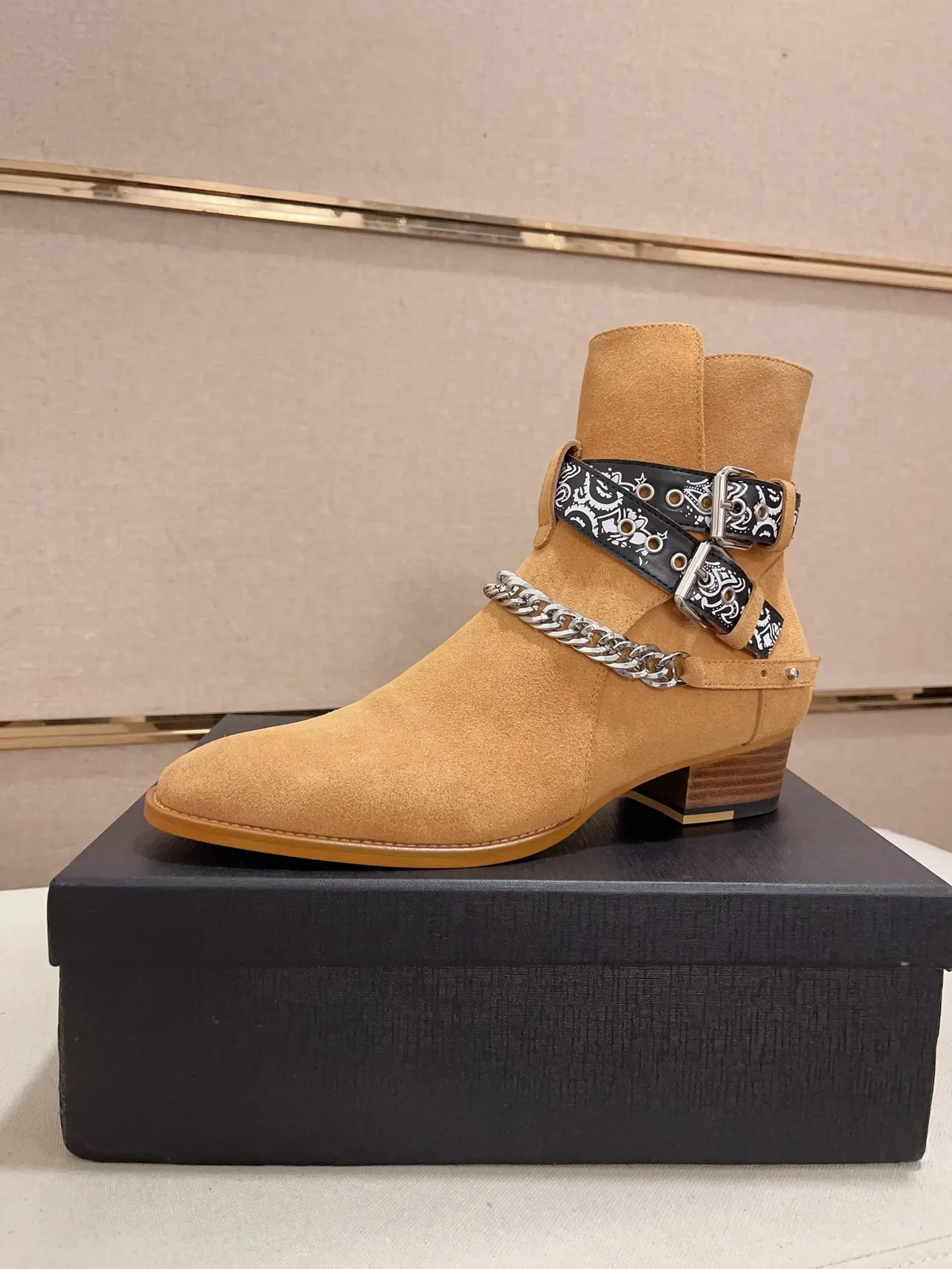 AMIRI Cowhide Suede-Look Pointed-Toe Bandana Strap Ankle Boots in Brown · view 1