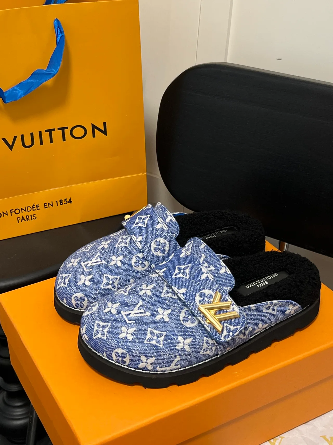 Louis Vuitton Monogram Lace-Up Buckle Slippers in Blue · view 1