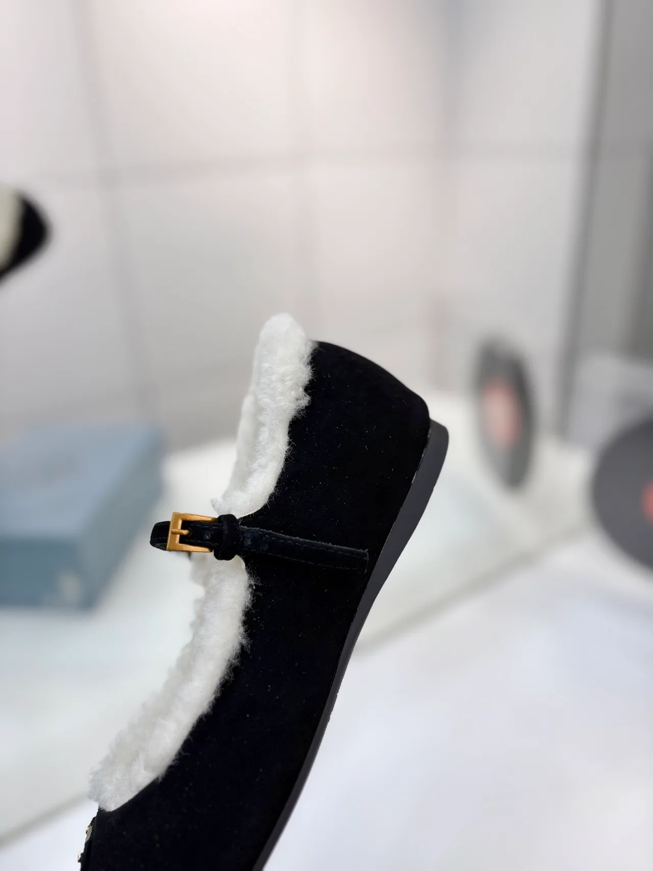Prada Buckle Fur-Lined Mary Jane Flats in Black · view 8