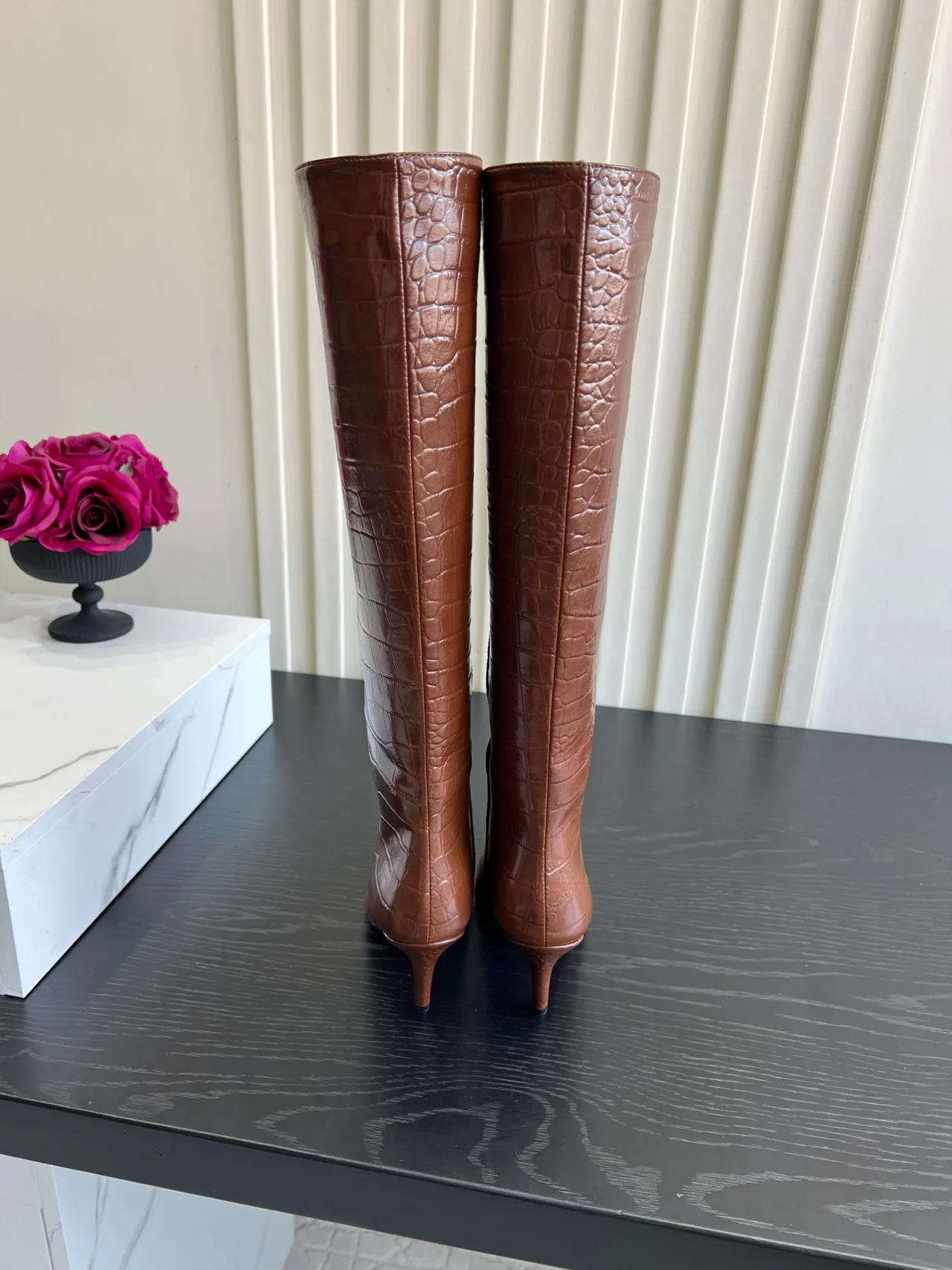 Amina Muaddi Cowhide Glossy Pointed-Toe Knee-High Boots in Brown · view 3