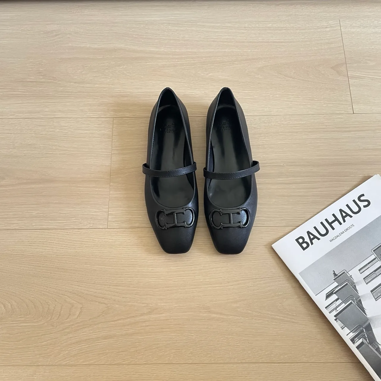 Hermes Leather Glossy Square-Toe Mary Jane Flats in Black · view 1