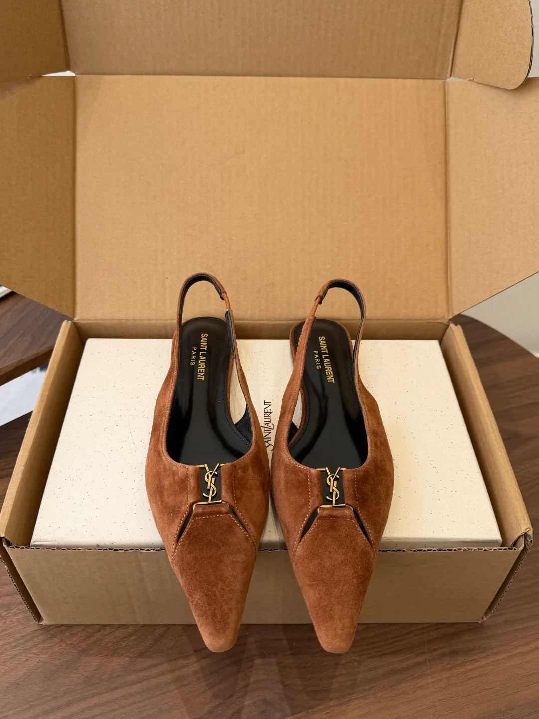 Saint Laurent Sheepskin Suede-Look Pointed-Toe Slingback Shoes in Brown · view 1