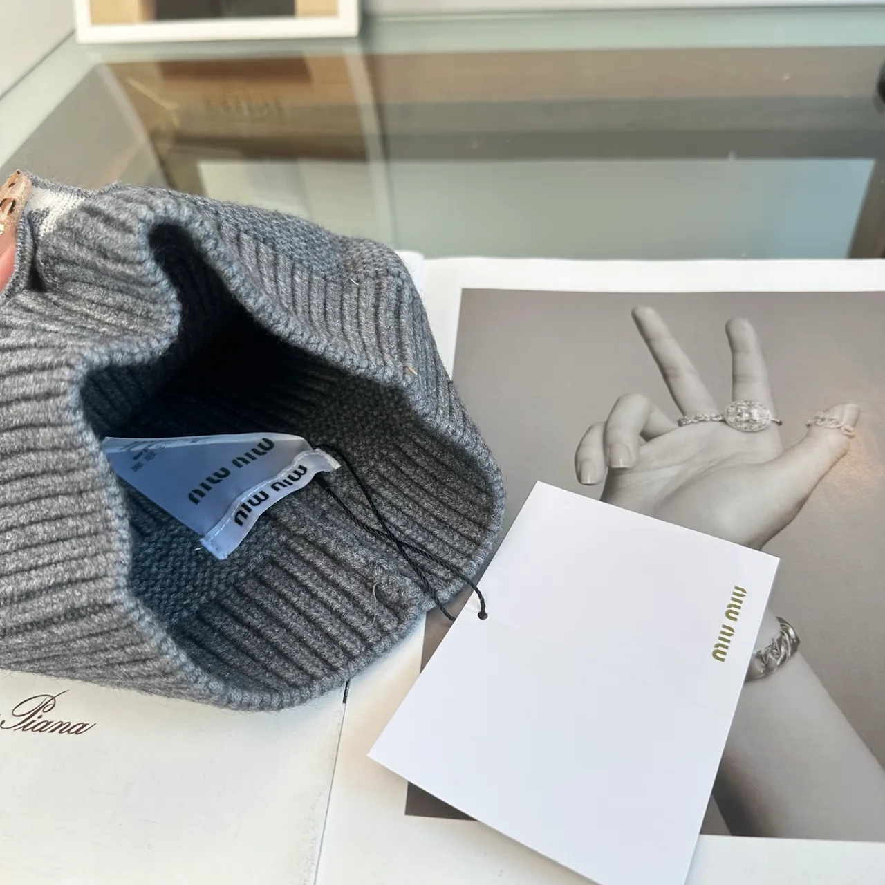 Miu Miu Ribbed Beanie in Grey · view 8