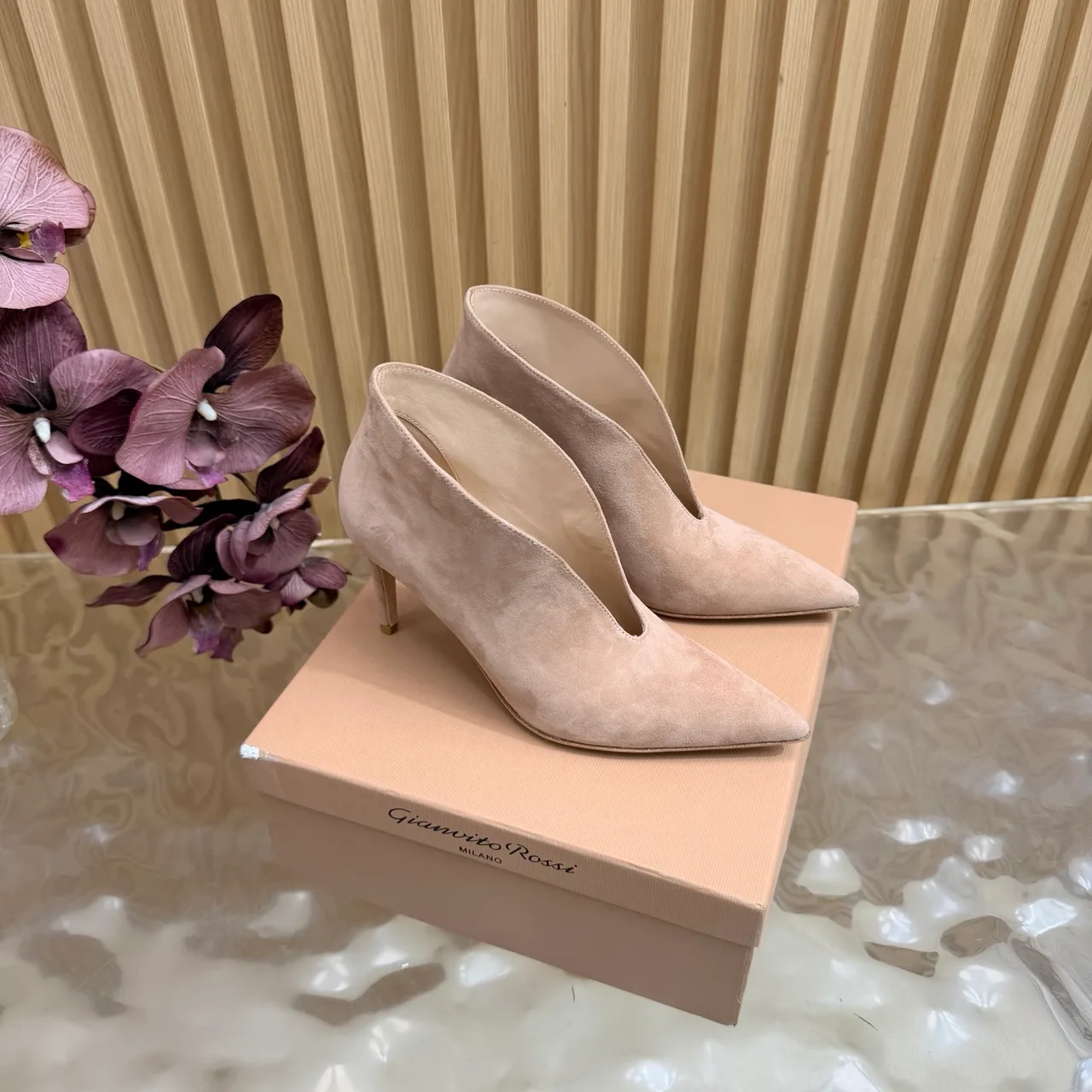 Gianvito Rossi Pointed-Toe Heeled Ankle Boots in Beige · view 1
