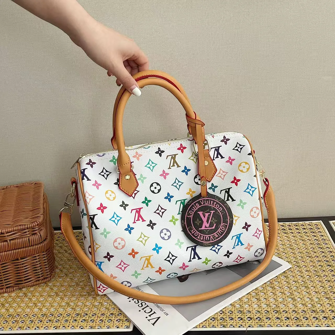 Louis Vuitton Oval Monogram Bag in White & Blue & Black & Brown · view 1