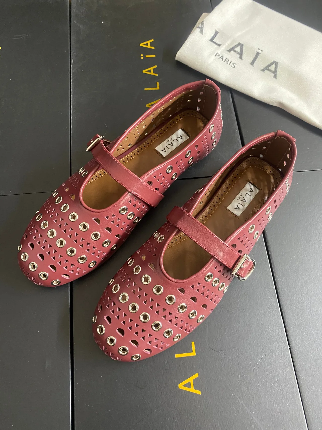 Alaia Cowhide Sheepskin Studded Mary Jane Flats in Burgundy · view 2