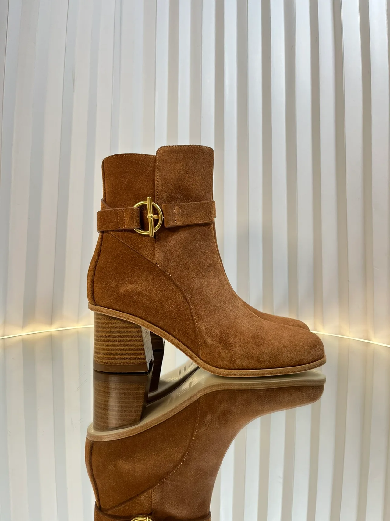 Hermes Calfskin Suede-Look Round-Toe Buckle Ankle Boots in Brown · view 6