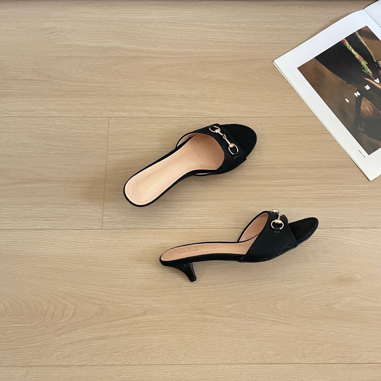 Gucci Canvas Glossy Suede-Look Square-Toe Buckle Mules in Black · view 6