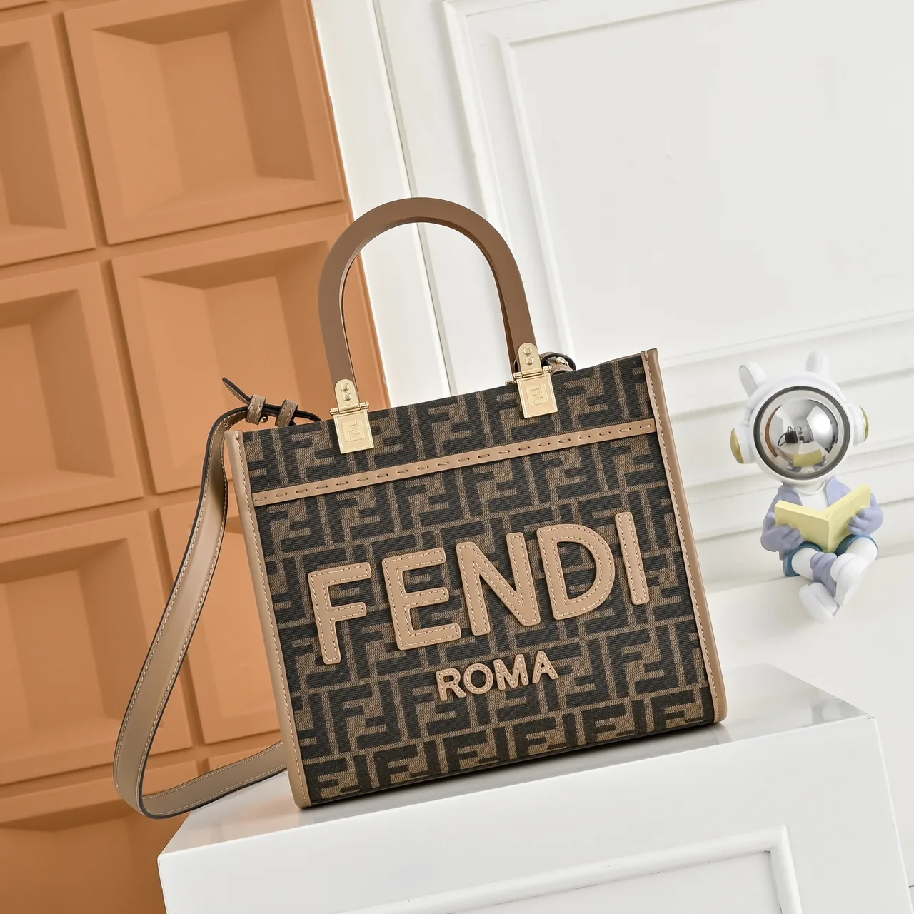 Fendi FF Monogram Logo-Letter Top-Handle Tote in Brown · view 1