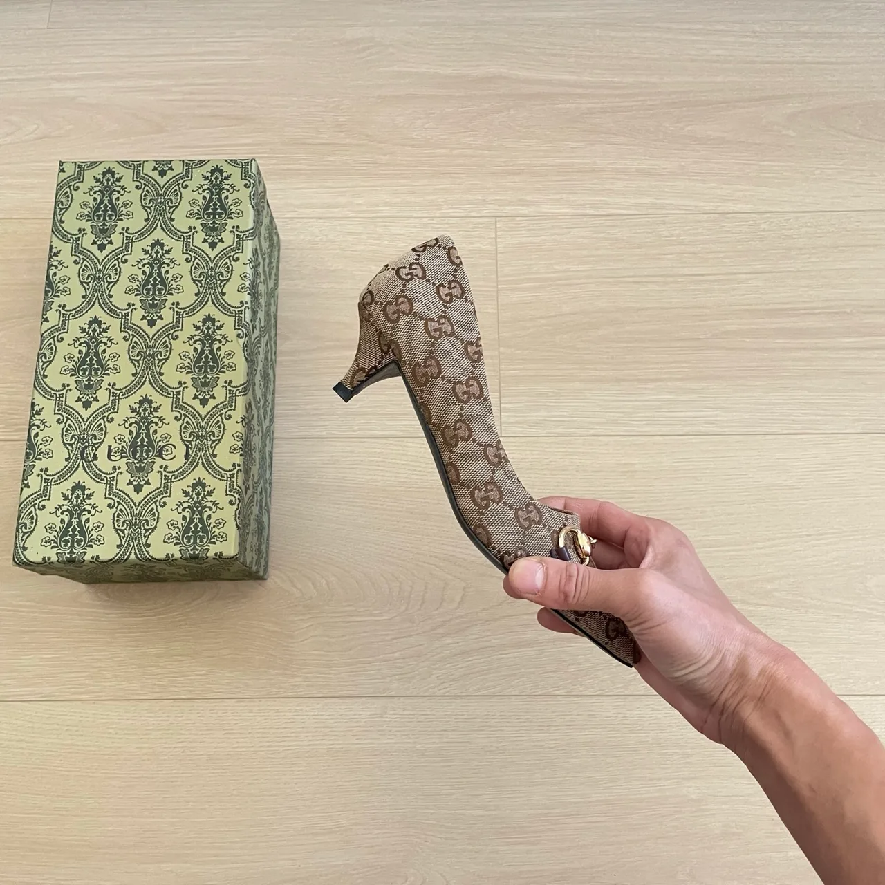 Gucci Canvas Pointed-Toe Monogram Kitten Heel Pumps in Beige · view 8