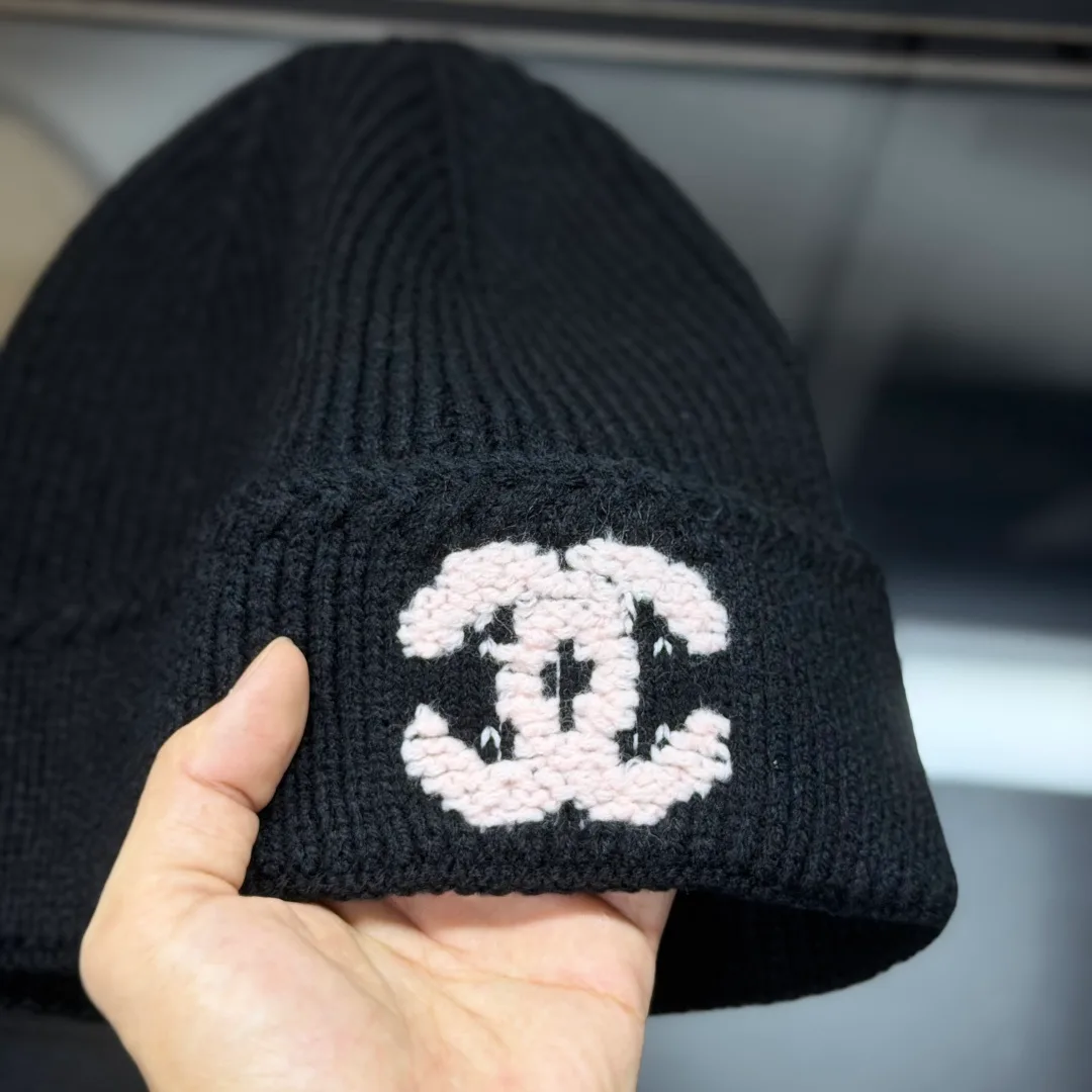 Chanel CC Knit Beanie in Black & Grey & Pink · view 6