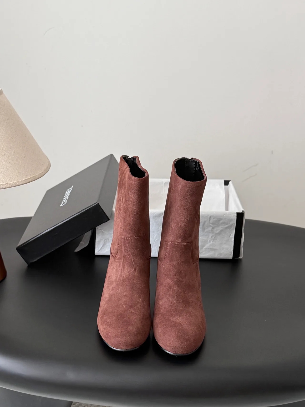 Chanel Sheepskin Suede-Look Ankle Boots in Brown · view 1