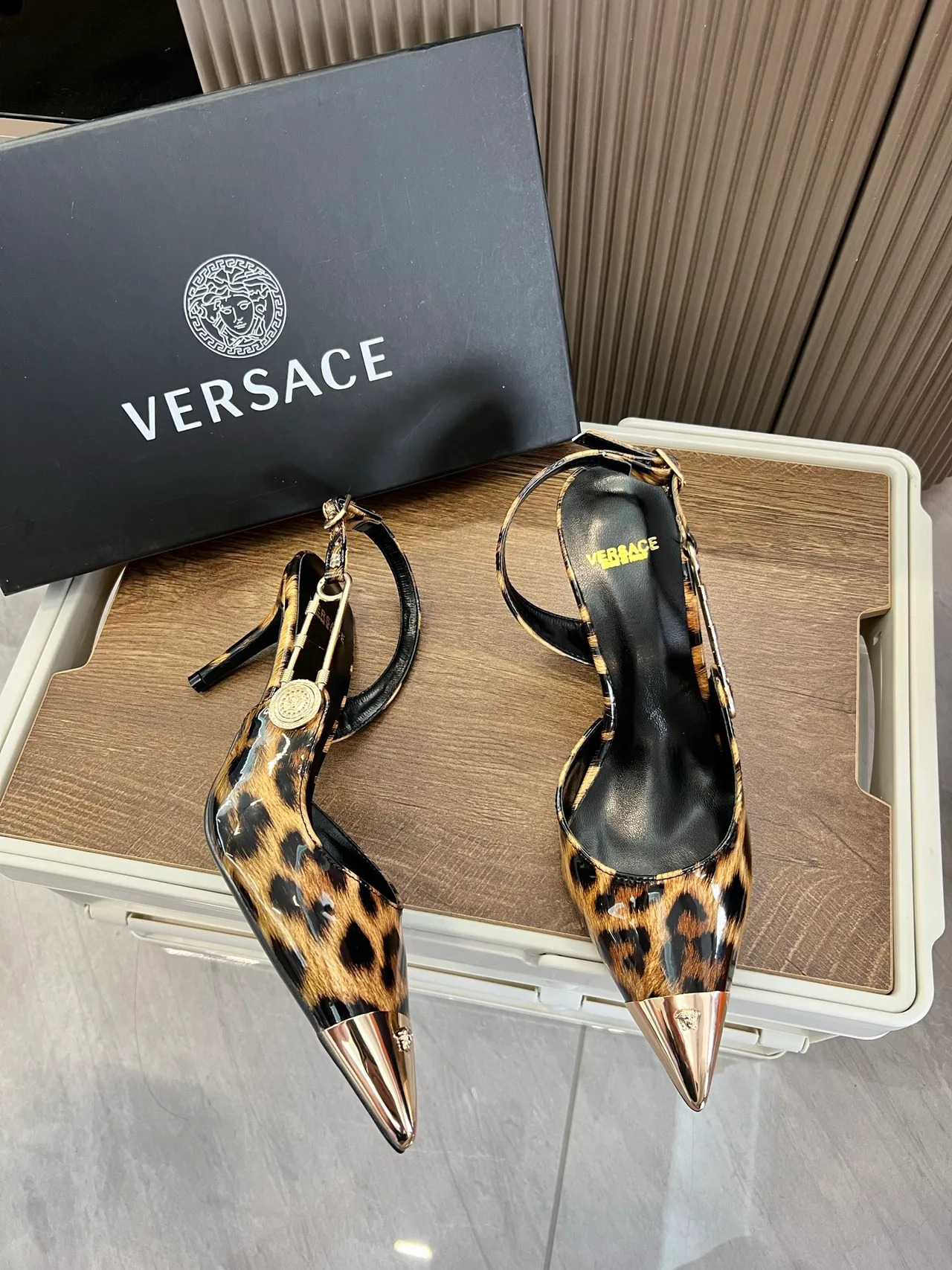 Versace Pointed-Toe Leopard-Print Slingback Pumps in Brown · view 6