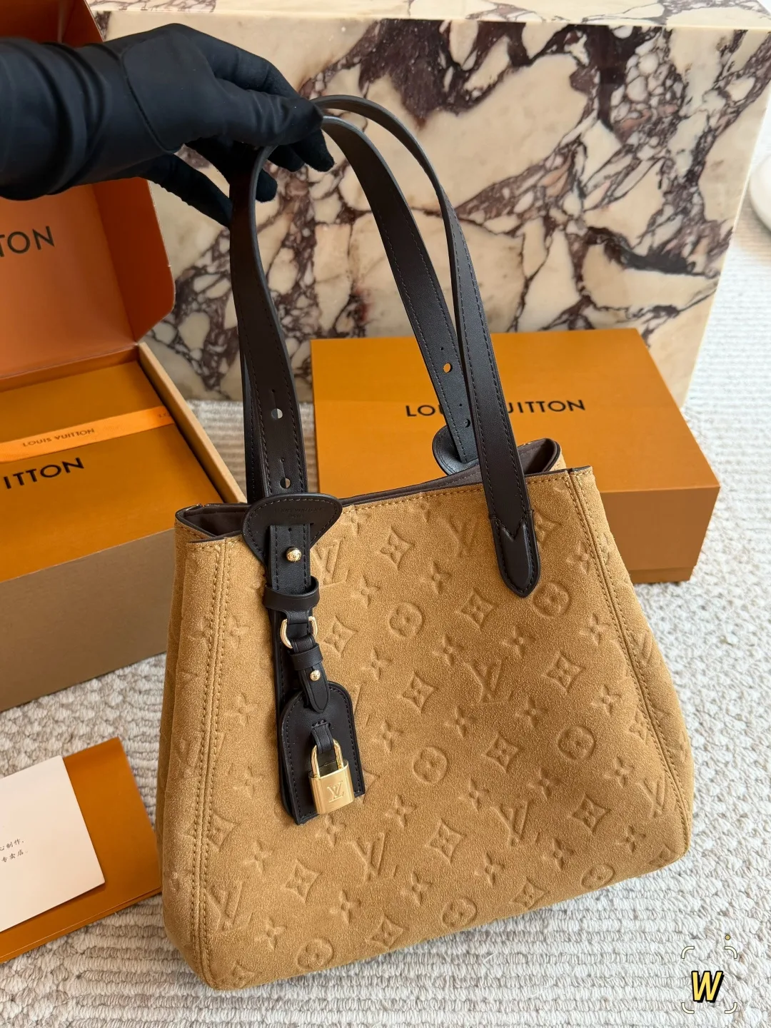 Louis Vuitton Suede Tote in Tan · view 1