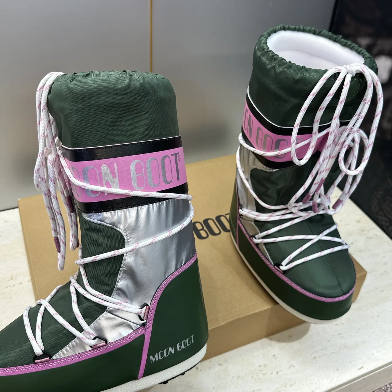 Moon Boot Lace-Up Snow Boots in Green · view 6